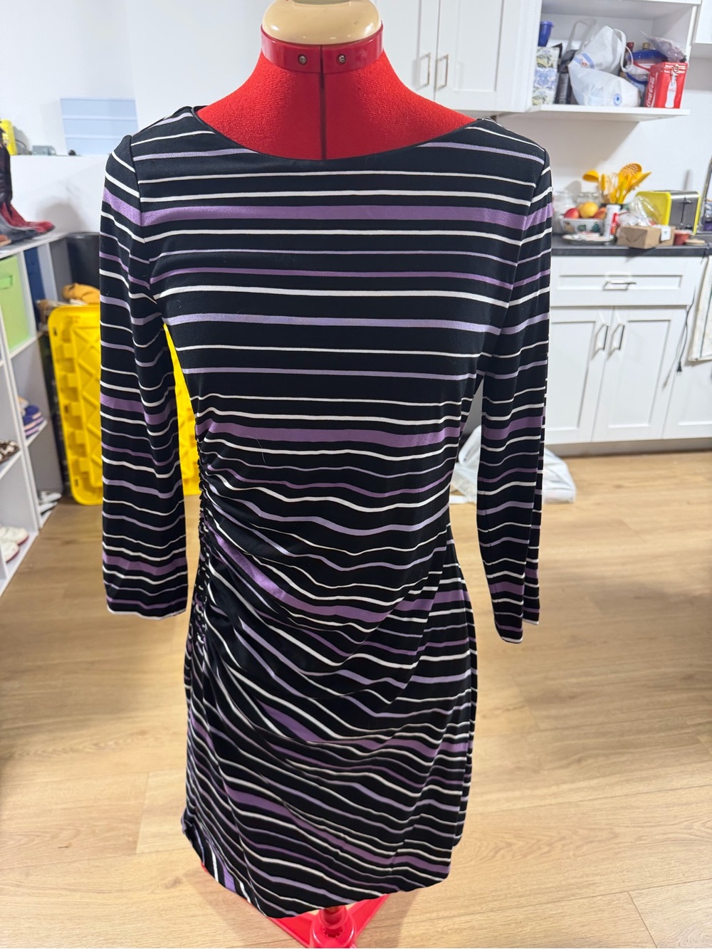 White House Black Market Black Striped Boatneck Ruched Side Dress